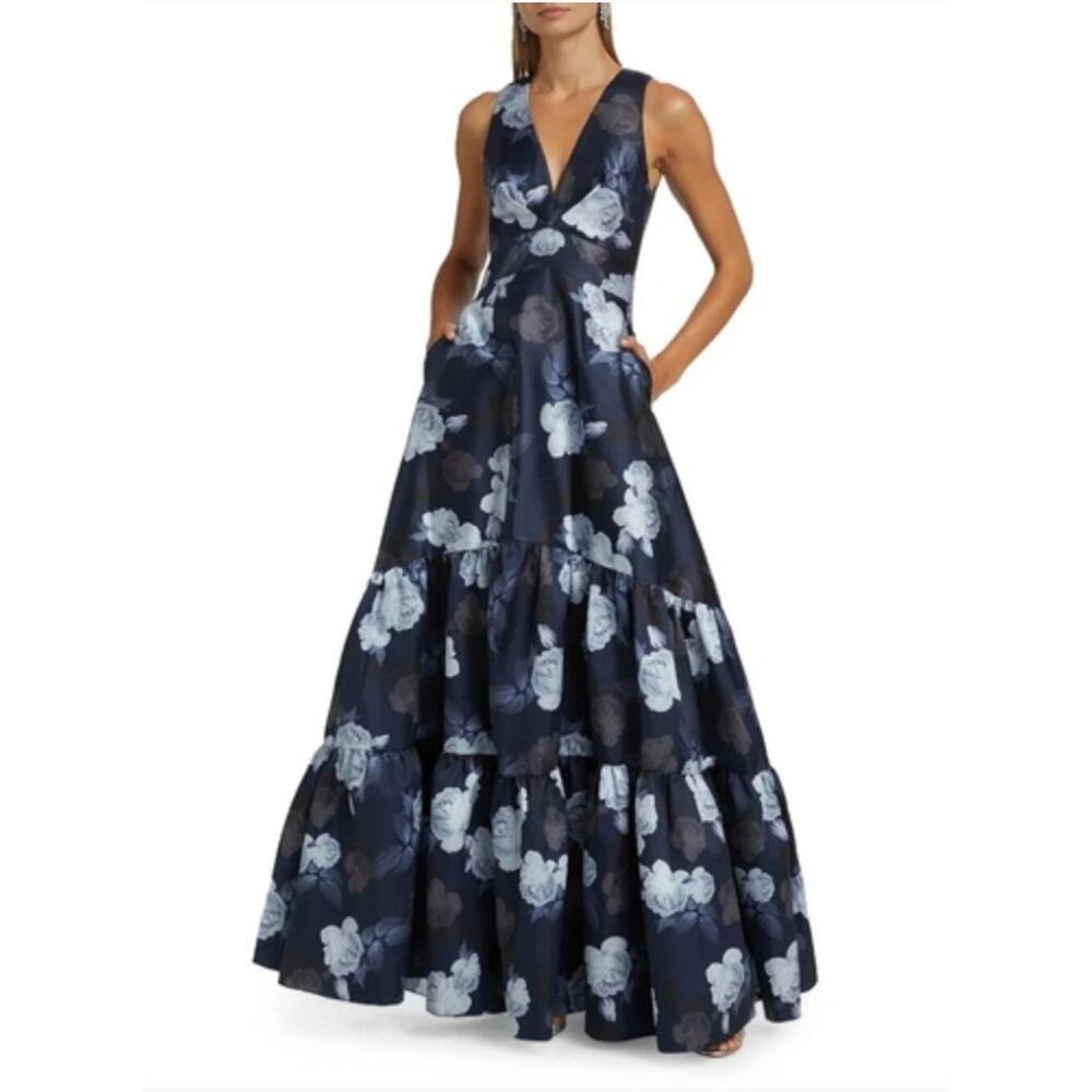 Sachin & Babi Rori Floral Ruffle Hem Mikado Gown Midnight Glacial Rose Size 8